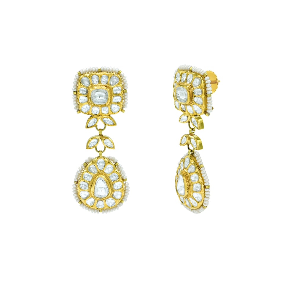 Polki Square Necklace Set with Polki Leaves and Pear Drop